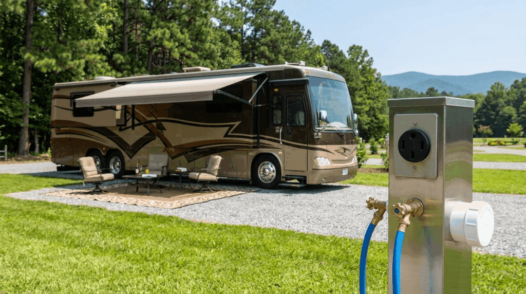 Motorhome parked at a gravel RV site with patio furniture and awning, next to a full hookup pedestal with electric, water, and sewer connections.