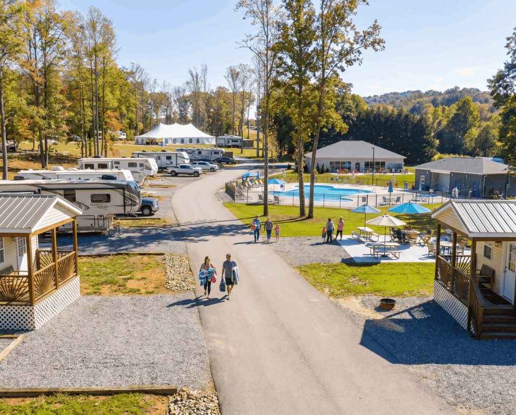 Madison Vines resort overview with RV sites, cottages, and family recreation areas.